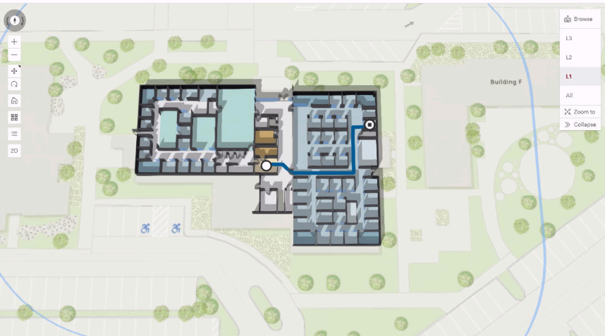 Completed indoor airport GIS model showing a floor-aware route